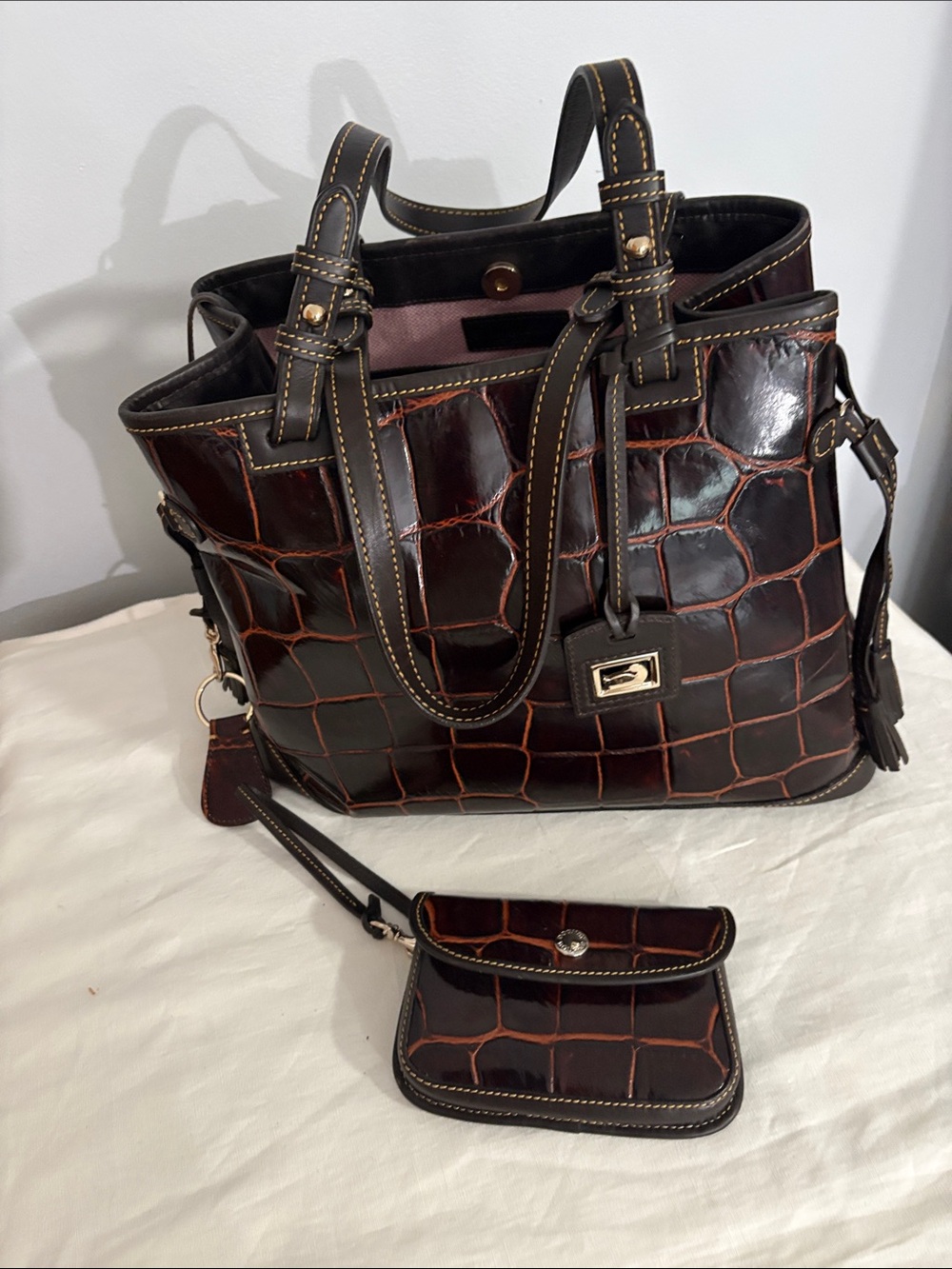 Dooney and Bourke Croc-Embossed Dark Brown Shoulder with matching wristlet